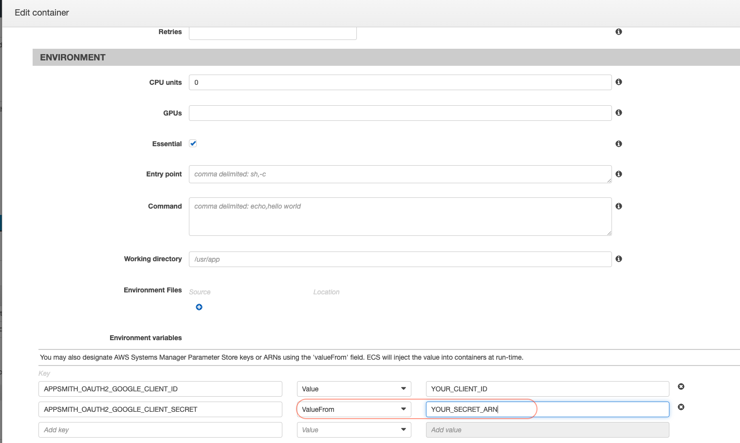 ECS environment configuration example