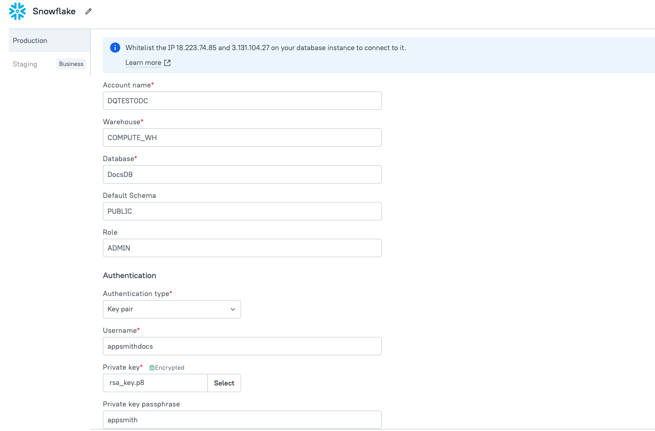 Configuring a Snowflake datasource.